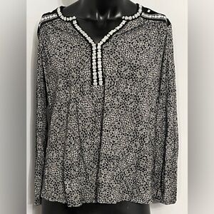 Lucky Brand 1X Black White Embroidered Boho Peasant Top Blouse